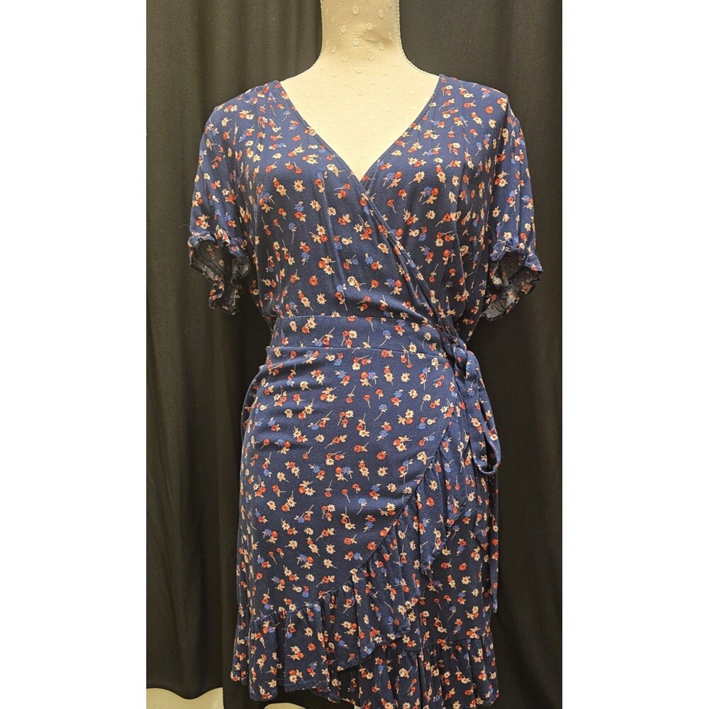 Xhilaration Rayon Navy Floral Faux Wrap Mini Dress XL Ruffle Hem Flutter Sleeve